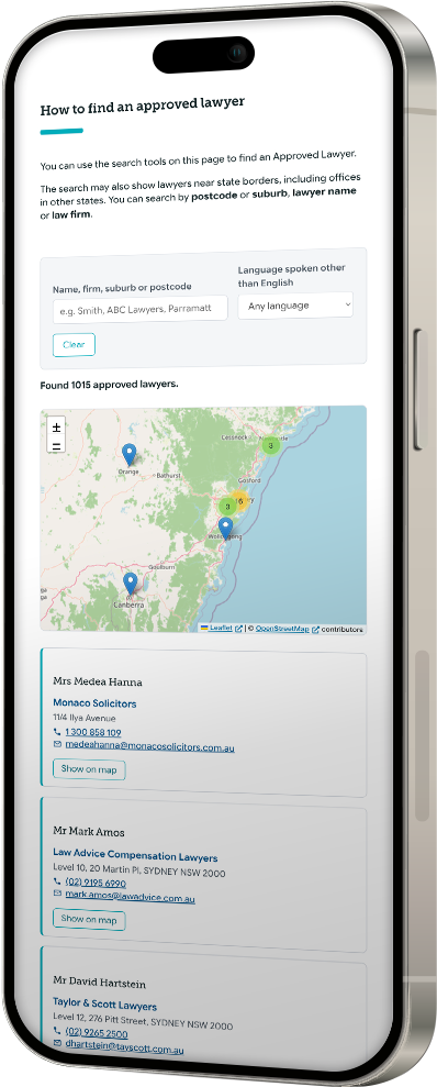 mobile phone showing the 'find a lawyer' feature